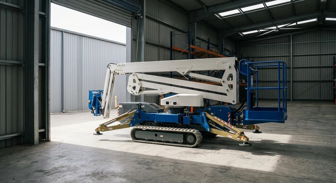 Tracked spider lift with the boom folded down inside a warehouse