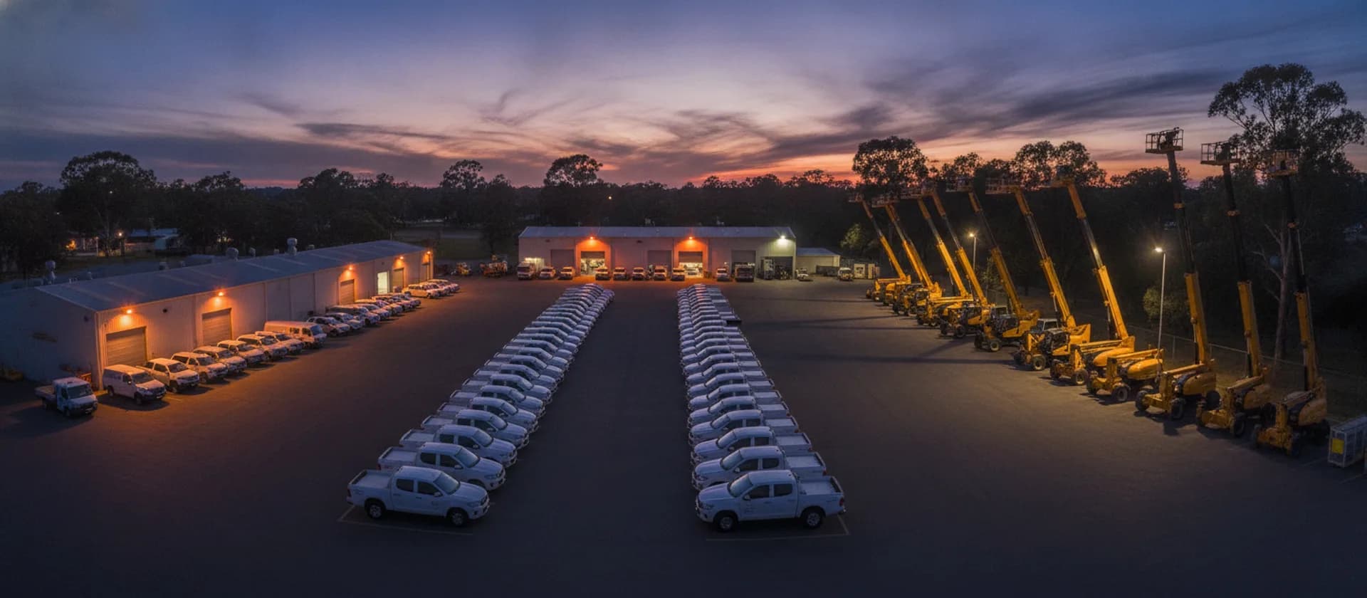 Aerial view of an equipment hire depot at dusk