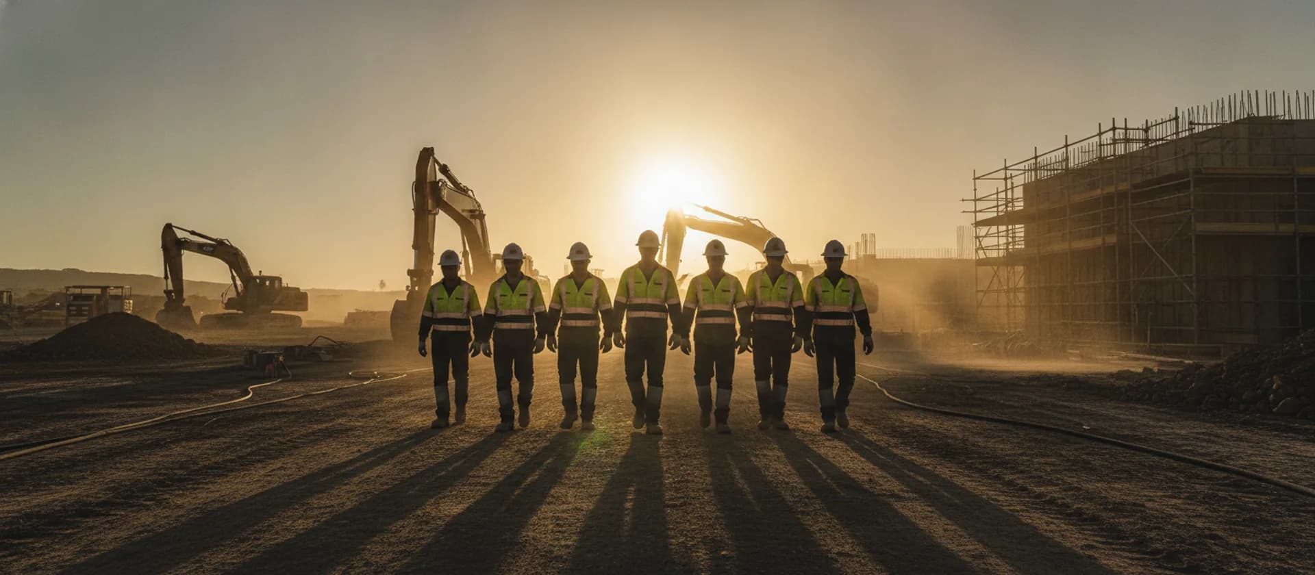 Work crew in hi-vis walking across a site at sunrise