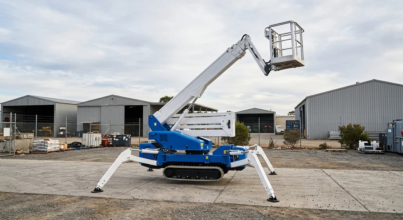 White and blue tracked spider lift set up on stabiliser outriggers in an industrial yard