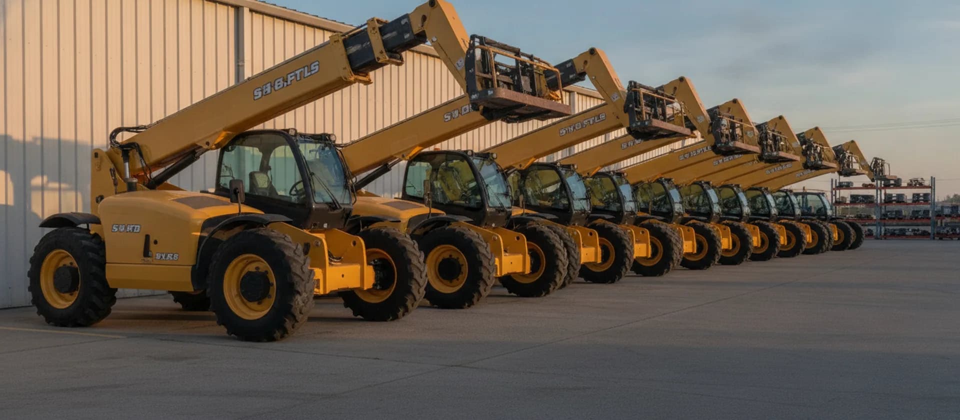 Telehandlers and boom lifts lined up at the hire depot